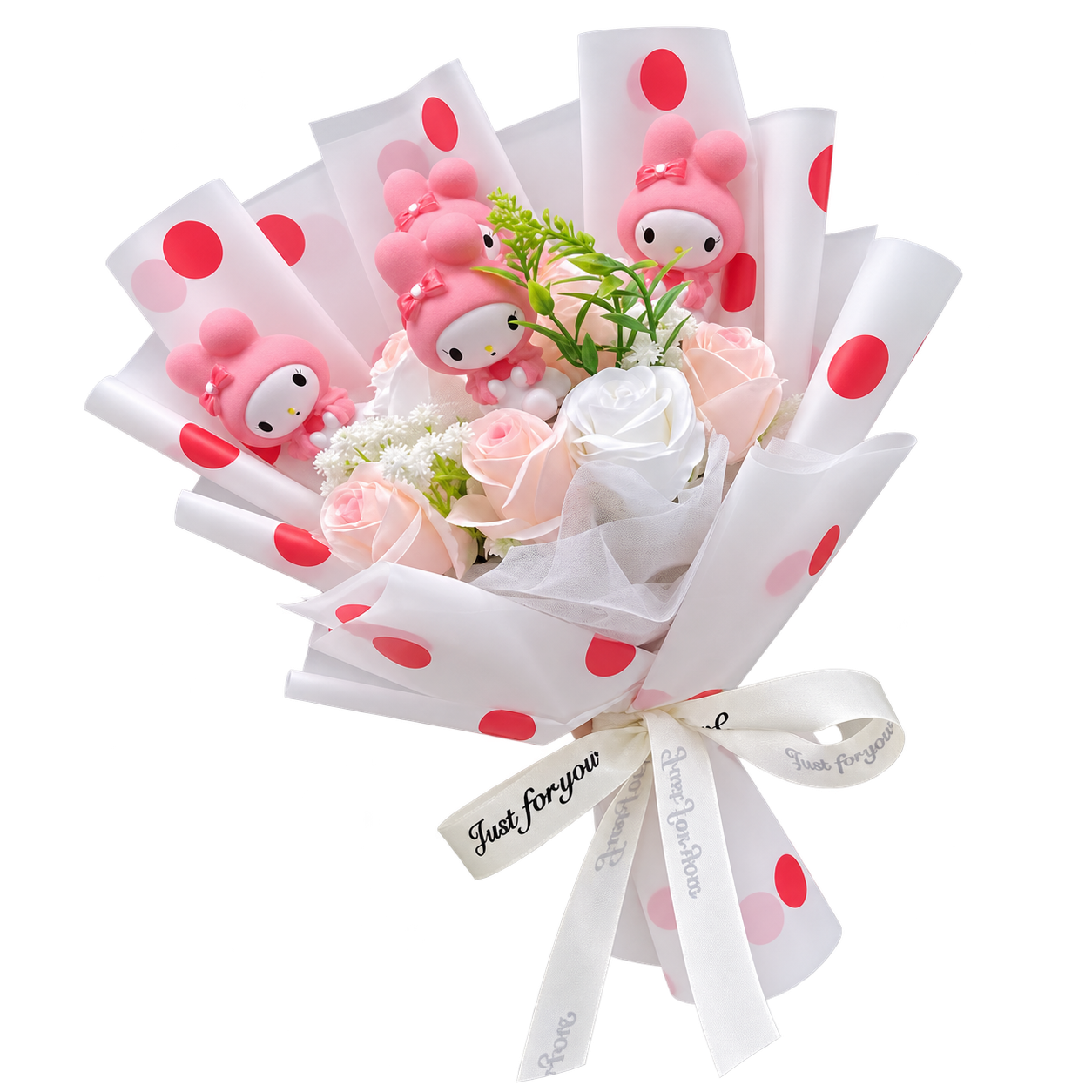 Pink bunny figures among blush and white rose decorations, in white wrapping with red and pink polka dots and a white printed ribbon.