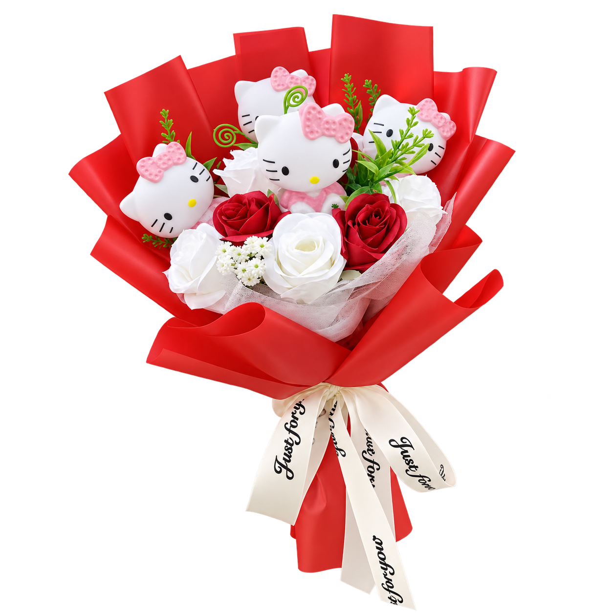 Kitty figures with pink bows among red and white rose decorations, in red wrapping with a white printed ribbon.