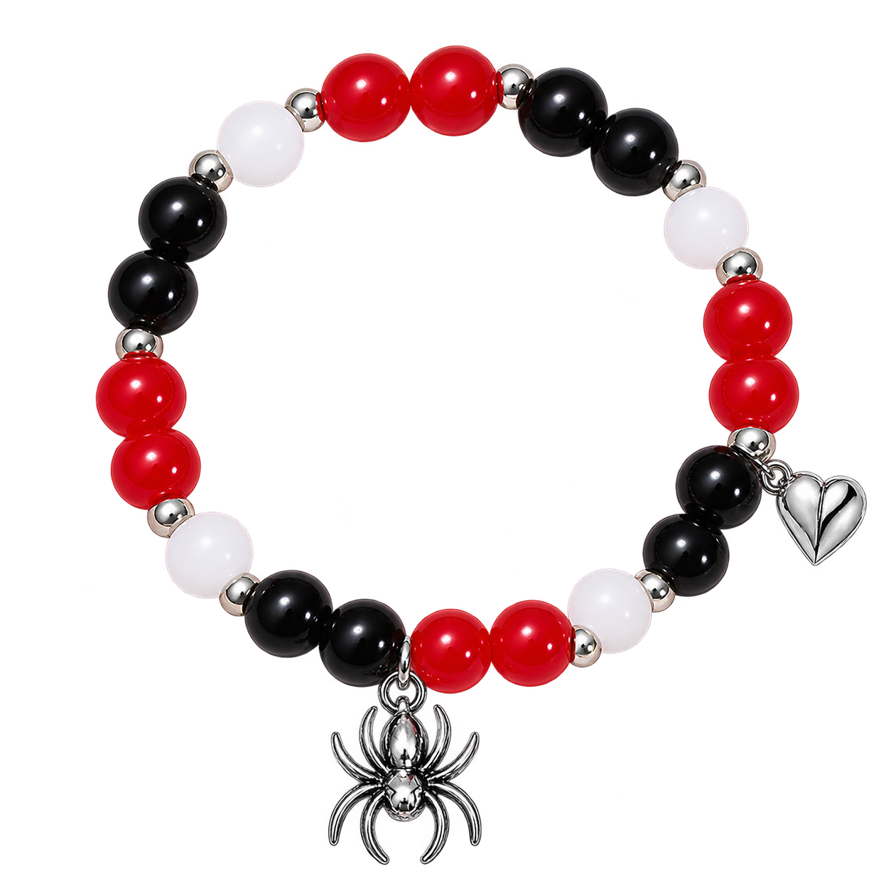 Red, black and white round beads with silver-coloured spacers, a dangling spider charm and a small heart charm.