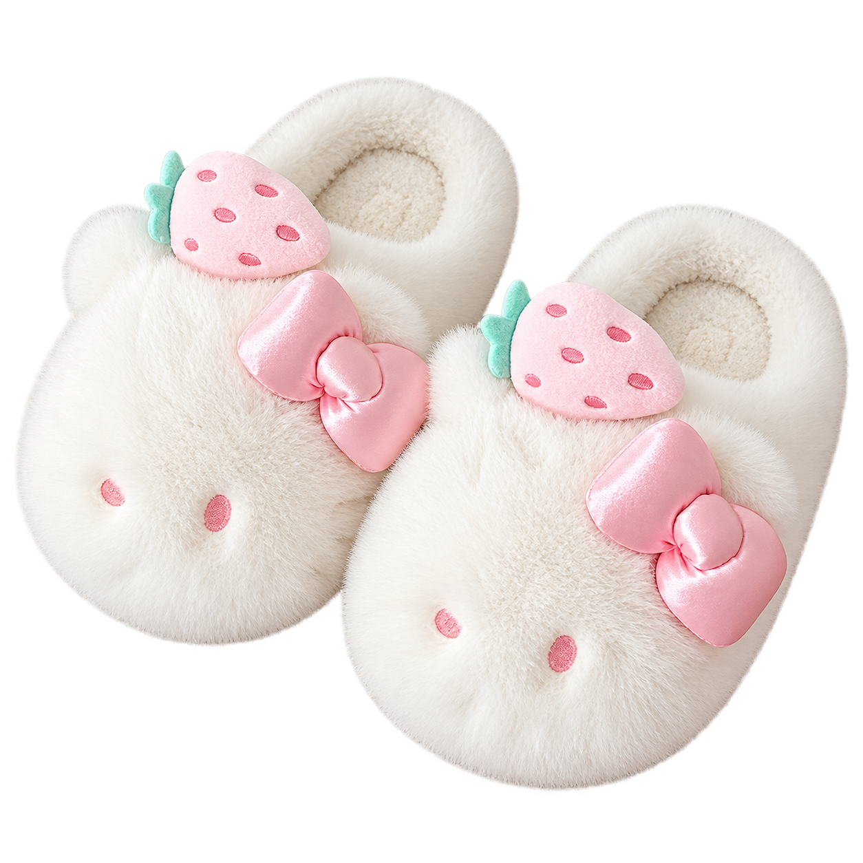 Pair of cream fluffy slippers with pink embroidered face details, pale-pink bows and pink strawberry toppers with mint-green leaves