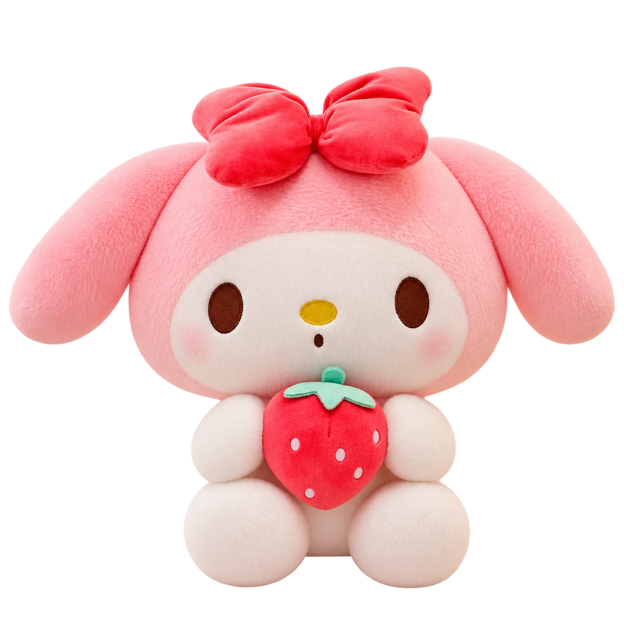 A pink long-eared bunny plush with a reddish-pink bow, brown embroidered eyes and white paws and feet, holding a red strawberry with pale seed details and mint-green leaves.