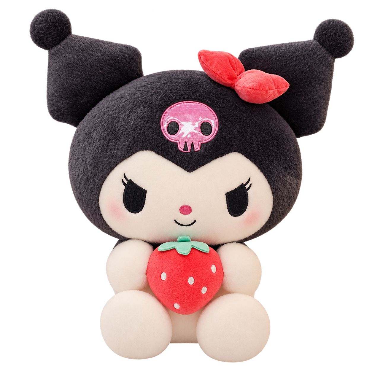 A black-hooded jester plush with pointed ears, a pink skull motif and reddish bow, holding a red strawberry with pale seeds and mint-green leaves.