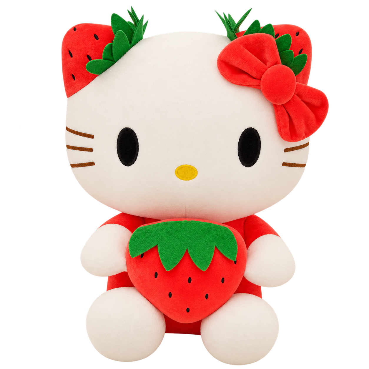 A cream Kitty plush with a red bow and outfit, strawberry-shaped ear details and a large red strawberry with green leaves held in front.