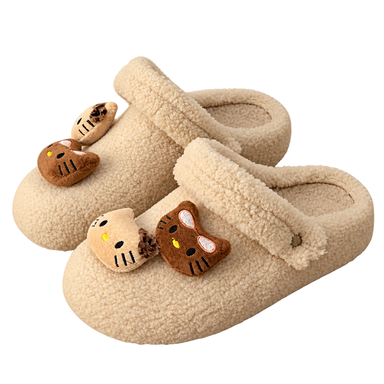 Pair of cream textured fluffy slippers with raised cuffs and two small cream and brown plush cat faces on each shoe