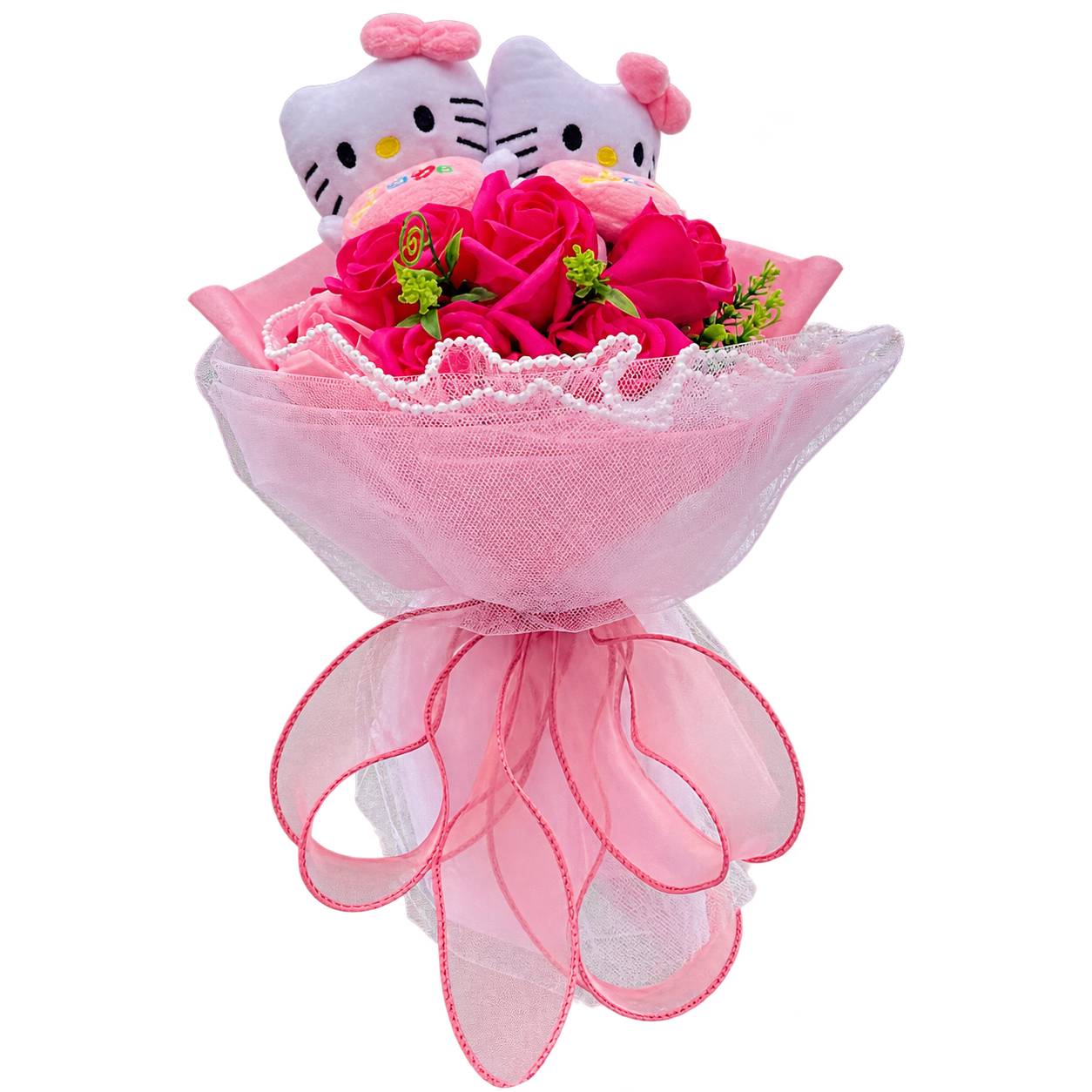 Two white Kitty figures above vivid pink rose decorations, in pink mesh wrapping with a looping pink ribbon.