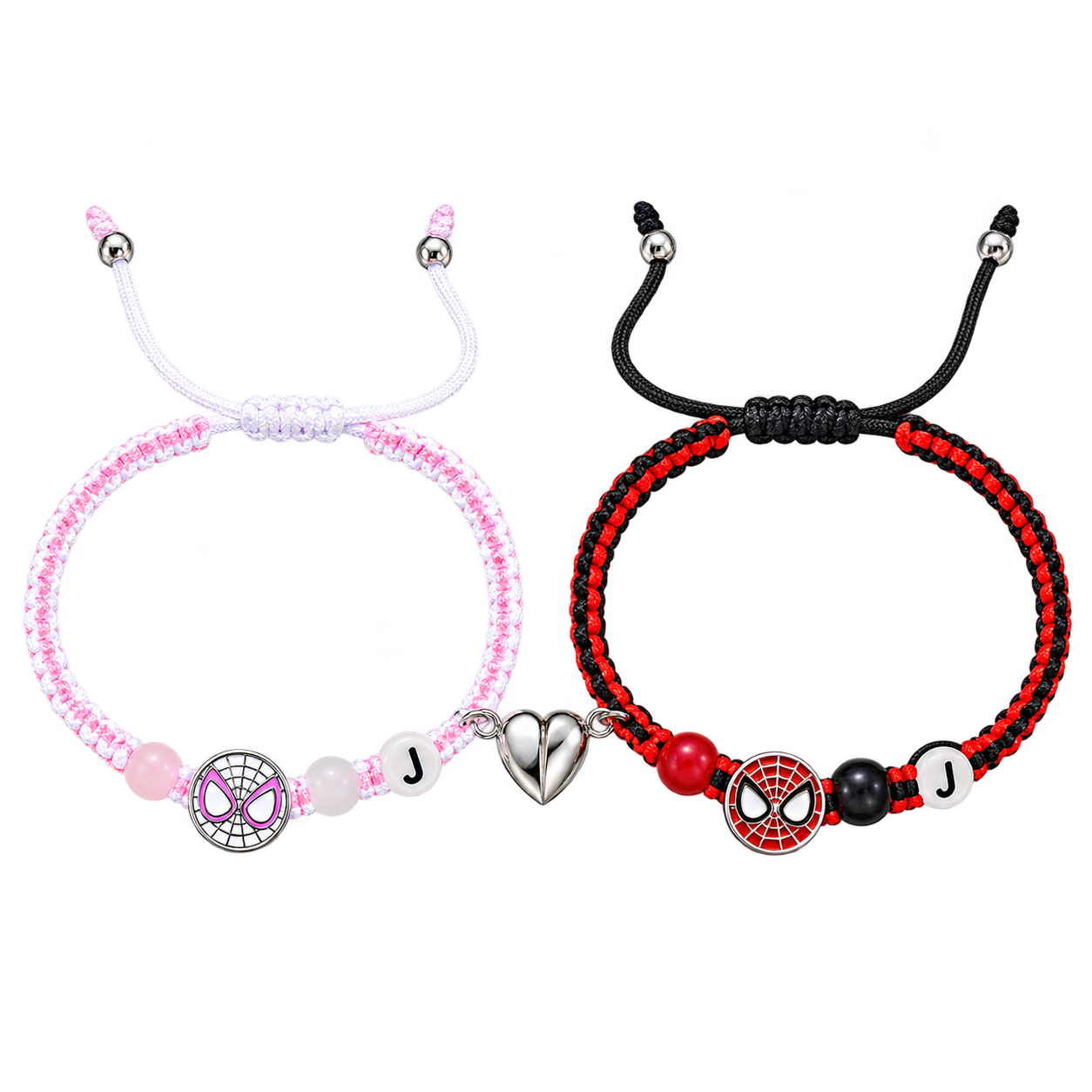 A joint pair with one white-and-pink braided cord bracelet and one red-and-black braided cord bracelet, web-mask pieces, round beads, pictured J and J initial beads and complementary silver-coloured heart pieces.
